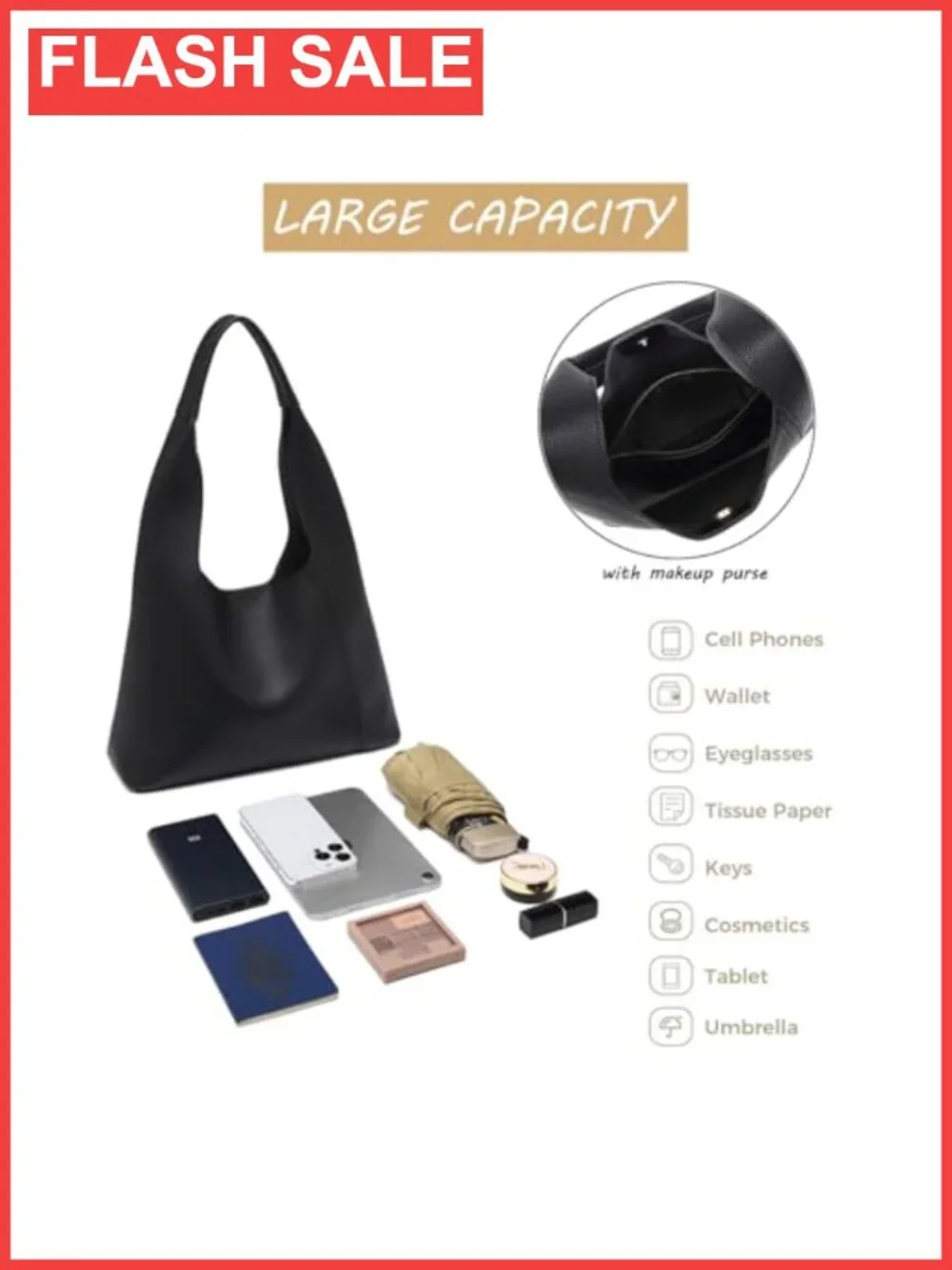 Slouchy Hobo Tote Bag Retro PU Leather Shoulder Handbag Large 2pc